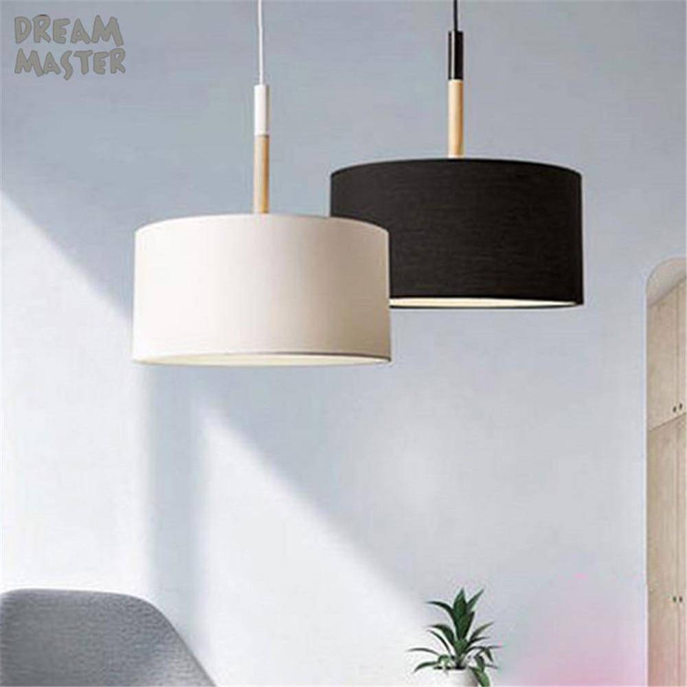 Suspension moderne LED avec abat-jour tissu et tige en bois (noir ou blanc) - vue 3 sur 3