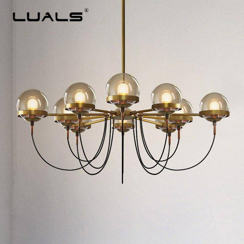 Lustre design industriel doré avec boule en verre - vue 3 sur 7