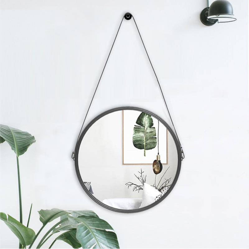 Miroir mural suspendu rond noir Leather