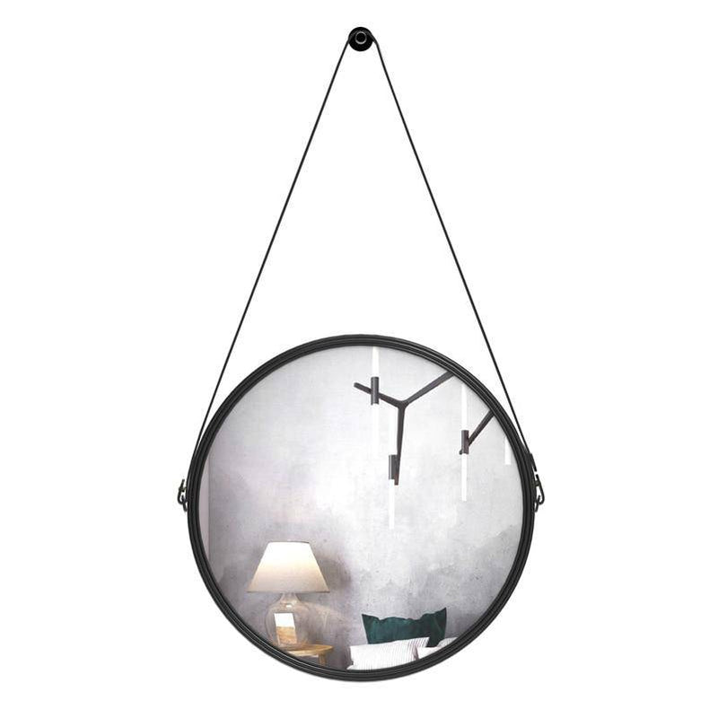 Miroir mural suspendu rond noir Leather