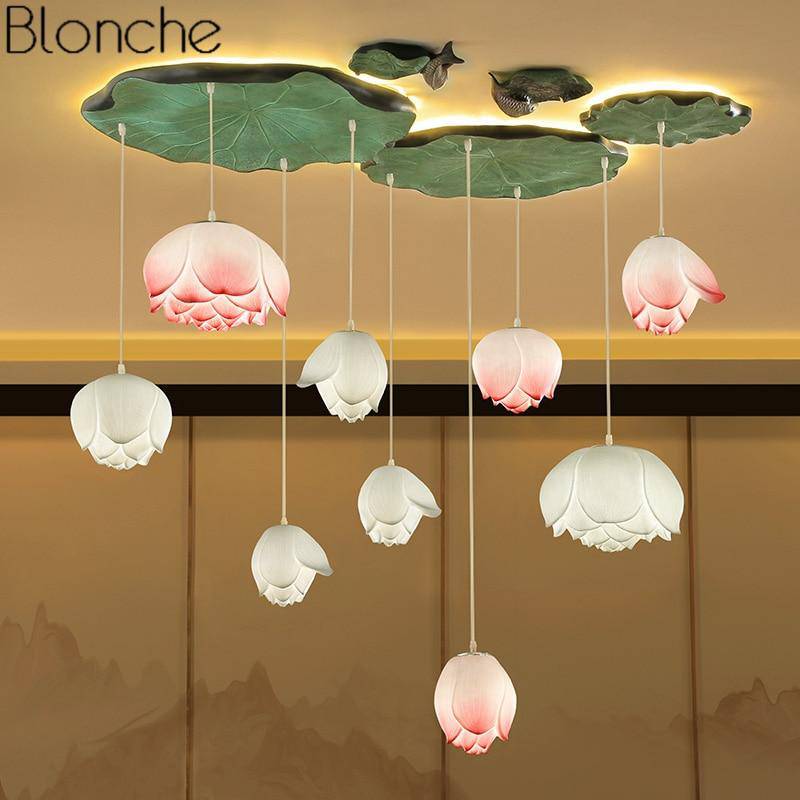 Suspension LED style chinois avec fleurs Lotus - vue 3 sur 18
