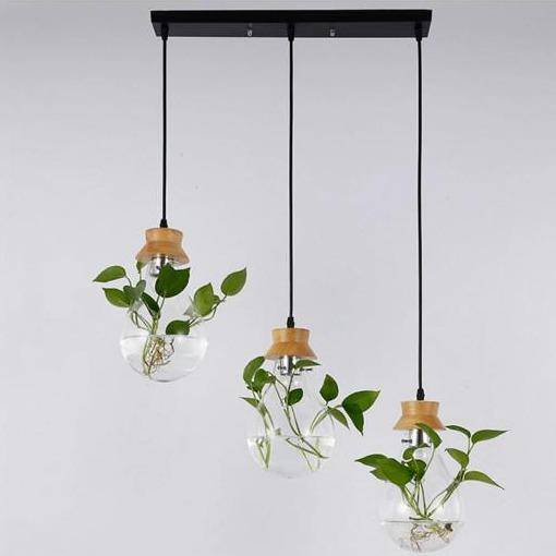 Suspension bocal en verre à fleur et support en bois