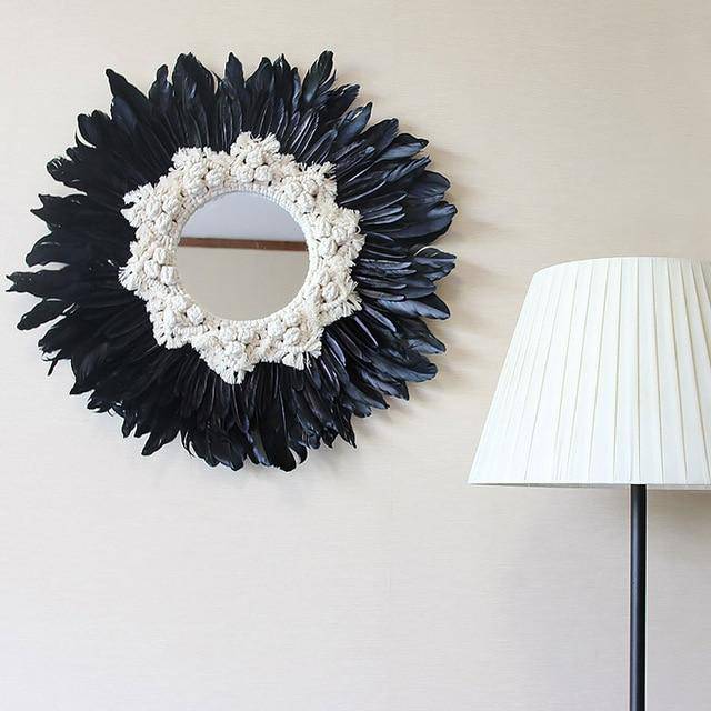 Miroir décoratif mural rond à plumes noires et blanches Modern