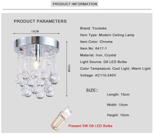 Plafonnier LED chromé et gouttes en cristal