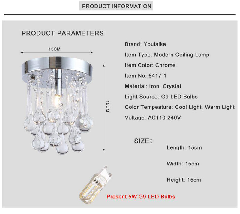 Plafonnier LED chromé et gouttes en cristal