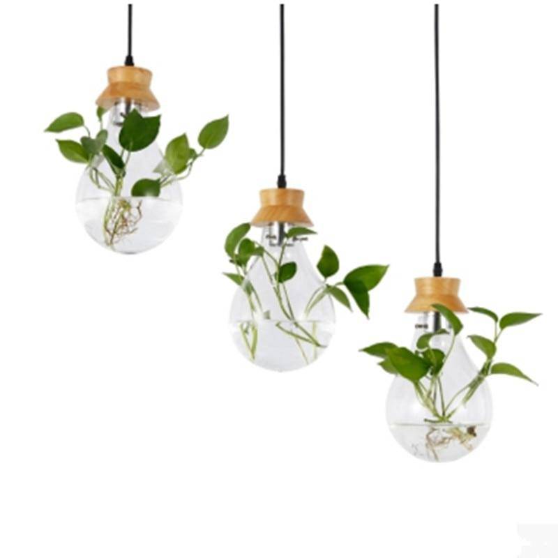 Suspension bocal en verre à fleur et support en bois