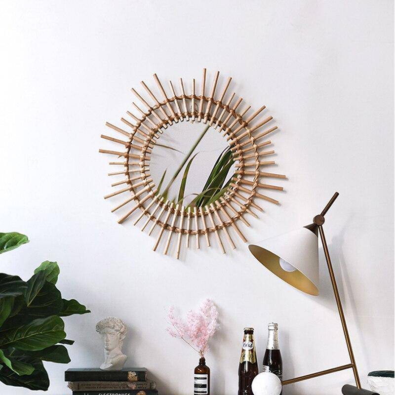 Miroir mural décoratif rond en rotin doré Rattan - vue 5 sur 5