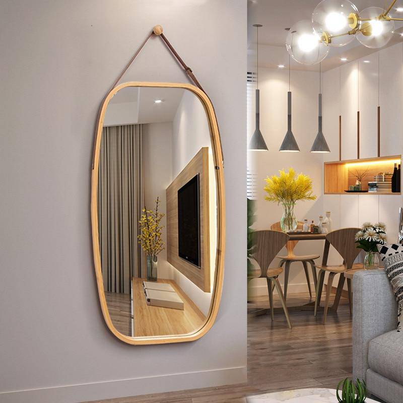 Miroir mural suspendu rectangle arrondi aux bords marrons Wear
