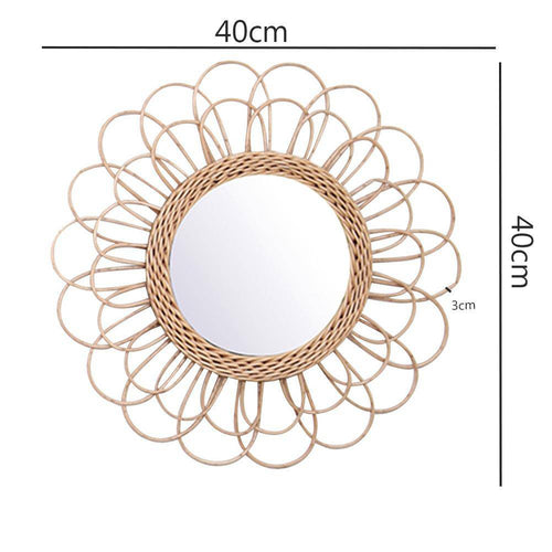Miroir mural décoratif rond à pétale de fleur en rotin