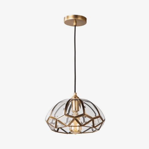 Suspension design LED avec abat-jour géométrique en verre et métal doré