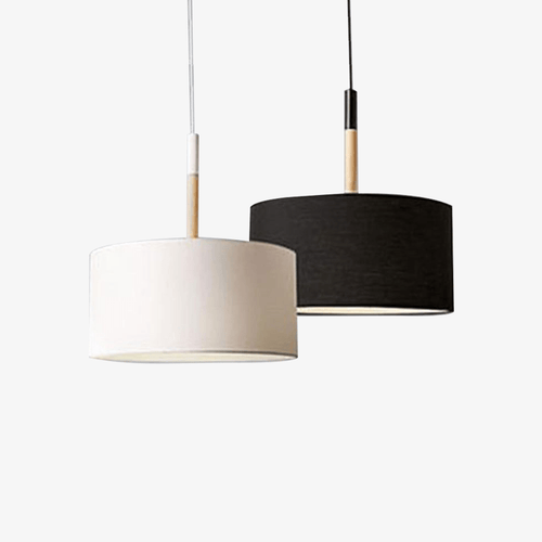 Suspension moderne LED avec abat-jour tissu et tige en bois (noir ou blanc)