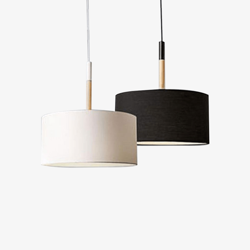 Suspension moderne LED avec abat-jour tissu et tige en bois (noir ou blanc)