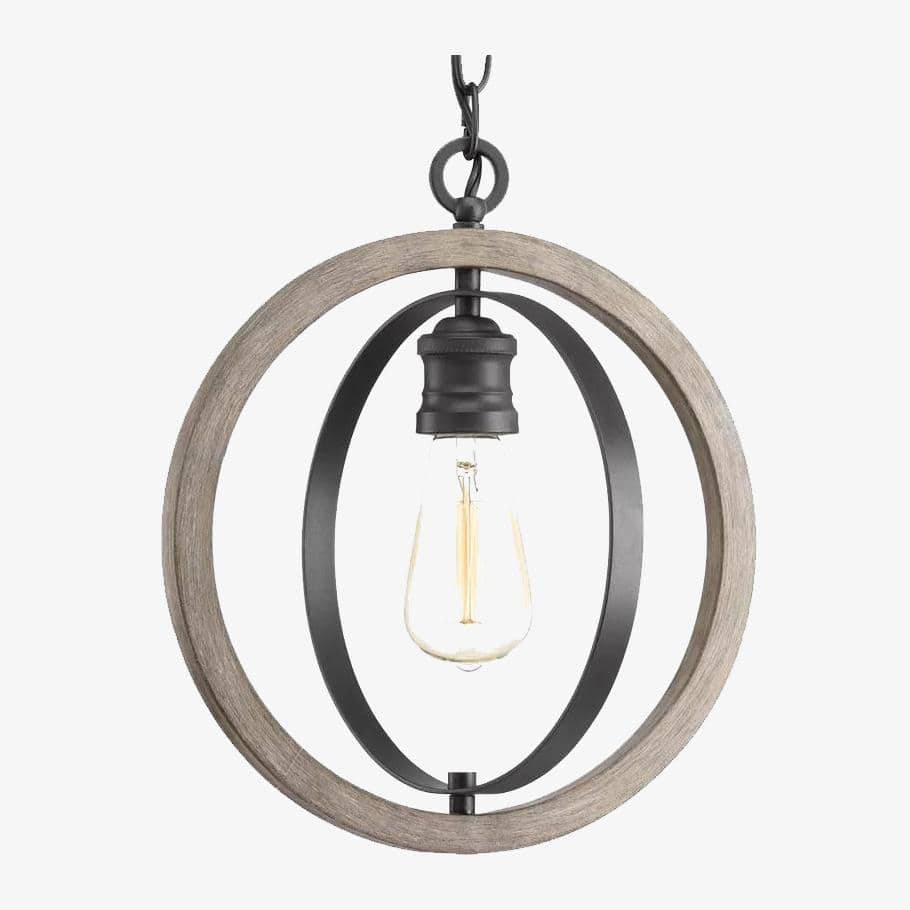 Suspension rétro LED avec cercle bois et métal noir Simple