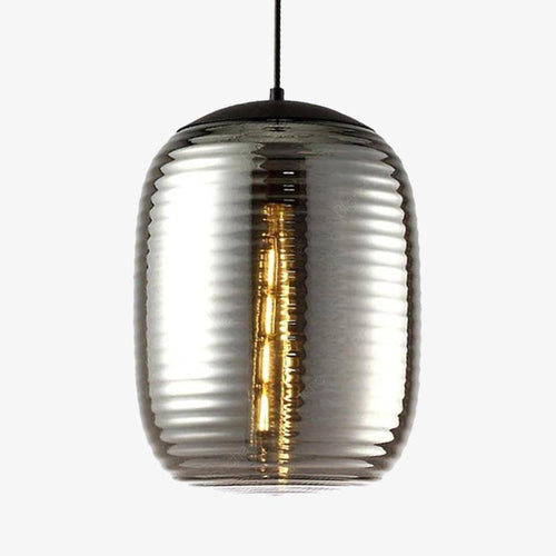 Suspension design LED en verre oval à traits et métal industriel